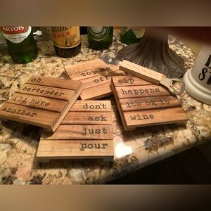 👨‍🍳MUD PIE👨‍🍳NWT Hilarious Bar-Themed Wood Planked Coaster Set+Bottle Opener